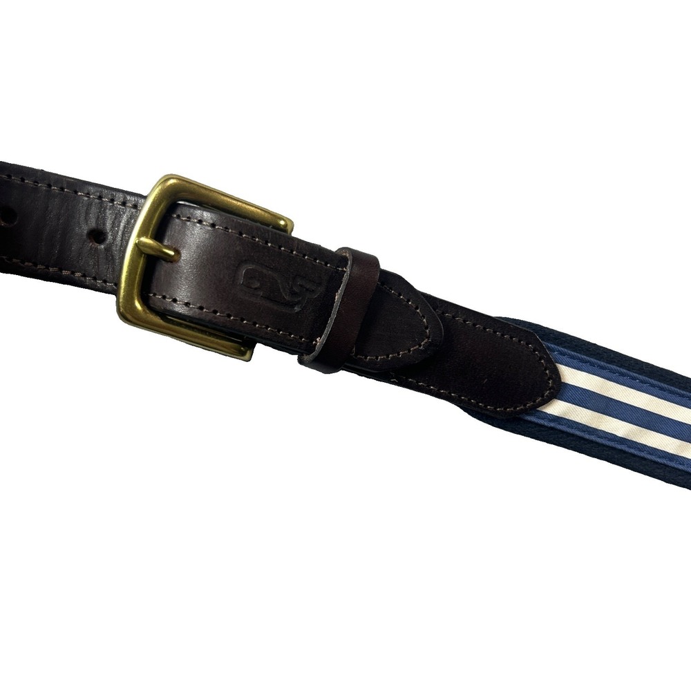Vineyard Vines Belt Mens 38 Ribbon Canvas Navy Blue White Stripes Brass Buckle
